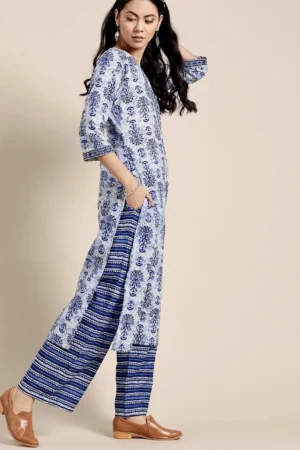 blue kurta parallel pant set in pure cotton