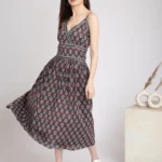 Black Slip Dress in block print Pure cotton-Boho Chic Midi