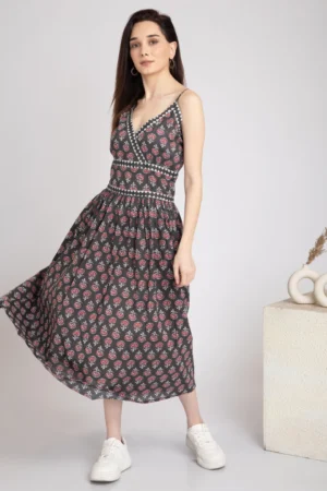 Black Slip Dress in block print Pure cotton-Boho Chic Midi