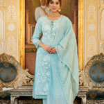 Straight Kurta Pants Dupatta Set-Sea Green Embroidered Pure Cotton Lined Kurta