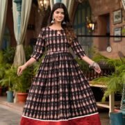 Ethnic Long Fit And Flare Dress Block Print Pure Cotton Black Maroon Silk Border-Indian Ethnic Dress