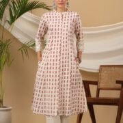 A-Line Kurta Pant Set Pink Hand Block Cotton Linen Blend-Indian Ethnic dress with Pockets