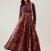 Vintage Rose Fit & Flare Long Dress Hand Block Print Back Zip Pure Cotton-Boho-Chic