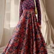 Vintage Rose Floral long Dress-Pure Cotton Fit and Flare Maxi