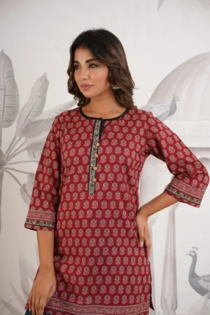 Hand Block Print Tunic- Pure Cotton Maroon Short Kurta