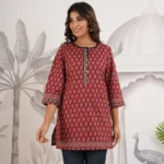 Hand Block Print Tunic- Pure Cotton Maroon Short Kurta