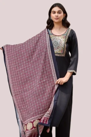 Black Ajrakh Print Straight Kurta Set-Gajji Silk-Ethnic Indian women's suit