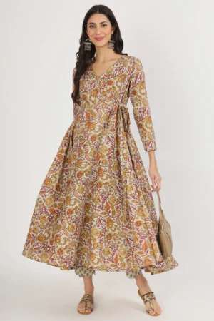 Floral Cotton Long dress with Pants in hand block print.