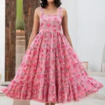 Floral Pink Tiered Sundress in 100% Cotton Block Print-Smocked Back