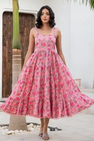 Floral Pink Tiered Sundress in 100% Cotton Block Print-Smocked Back