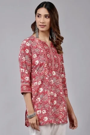 Floral block print tunic in pure cotton. women's summer blouse