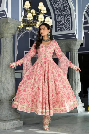 Pink Anarkali Kurta Set-Pure Cotton Floral Hand Block Print-Festive