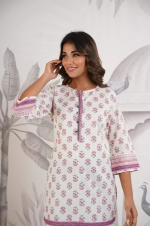 White Pure Cotton Floral Tunic-Hand Block Print Short Kurta-Summer Blouse