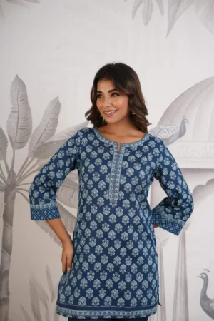 Hand Block Print Tunic- Pure Cotton Blue Short Kurta