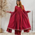 Red Anarkali Kurta Set-Pure Cotton Hand Block Print Flared Ethnic women's Dress