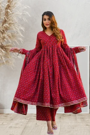 Red Anarkali Kurta Set-Pure Cotton Hand Block Print Flared Ethnic women's Dress