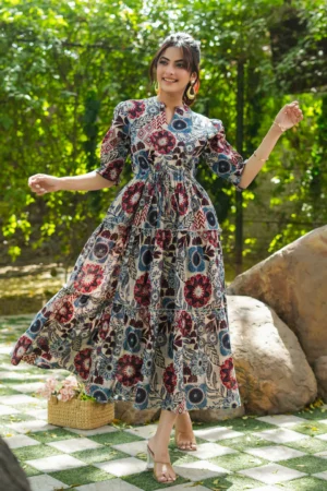 Pure Cotton Tiered Midi-Bold Floral Print Summer dress